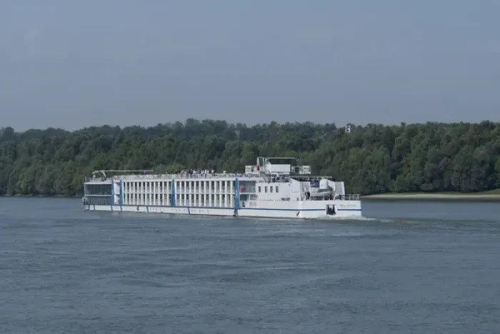 Framed Print : Hungary. Danube River view. Passenger river cruise boat, Bellevue, near Kalocsa