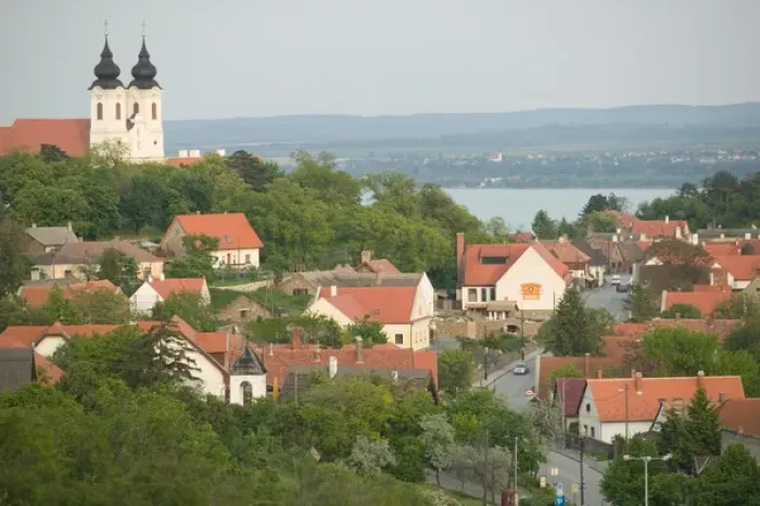 Framed Print : HUNGARY-Lake Balaton Region-TIHANY: Town View with Abbey Church  /  Late Afternoon