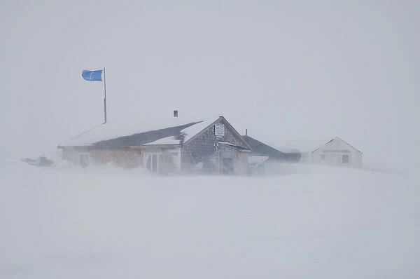 hunter and trapper cabin on Herschel Island during a snowstorm, off the Mackenzie River delta