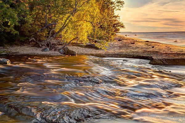 Hurricane River flowing into Lake Superior at sunset, Pictured Rocks National Lakeshore