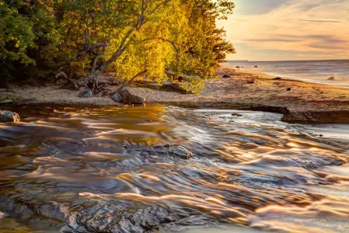 Framed Print : Hurricane River flowing into Lake Superior at sunset, Pictured Rocks National Lakeshore