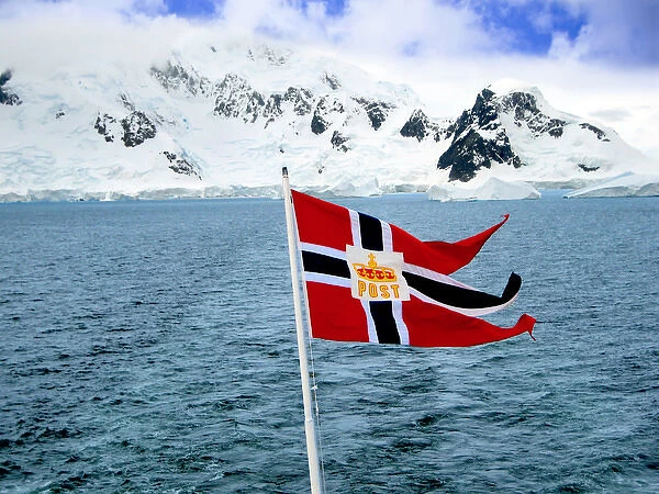 A Hurtigruten Cruise Ship postal service flag is displayed while cruising the Weddell