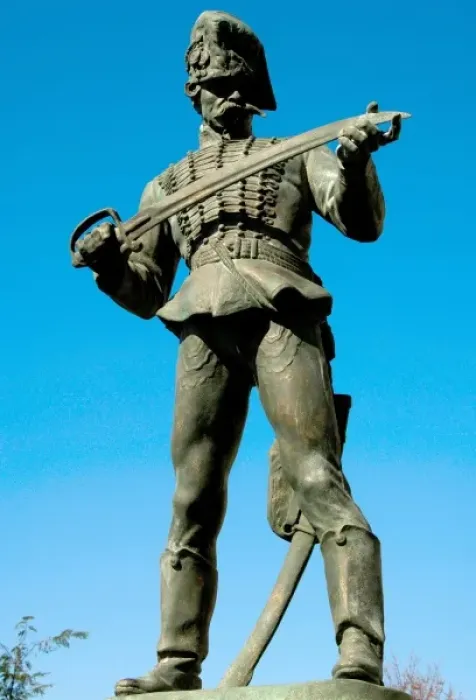 Framed Print : Husar statue with the eighteenth century clothing. Sculpted by Hungarian Kisfaludi STROBL ZSIGMOND