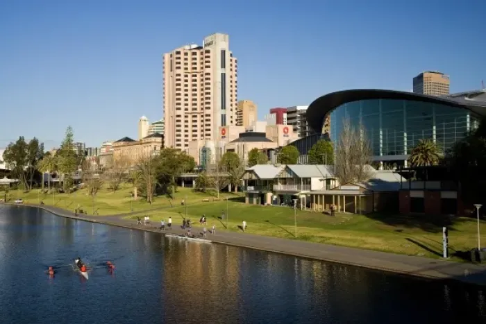 Framed Print : Hyatt Regency Hotel, Adelaide Convention Centre, and Torrens Lake, Adelaide, South Australia