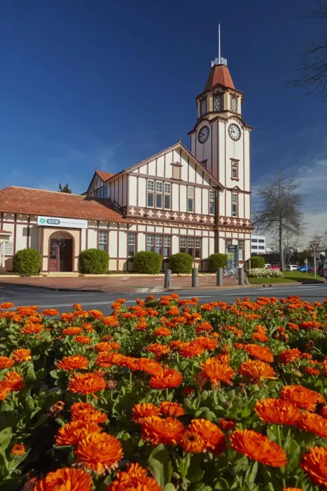 Framed Print : i-SITE visitor centre (old Post Office) and flowers, Rotorua, North Island, New Zealand Framed Print : i-SITE visitor centre (old Post Office) and flowers, Rotorua, North Island, New Zealand