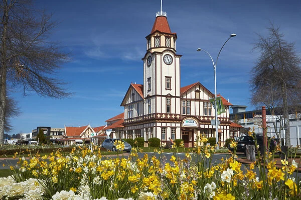 i-SITE visitor centre (old Post Office) and flowers, Rotorua, North Island, New Zealand