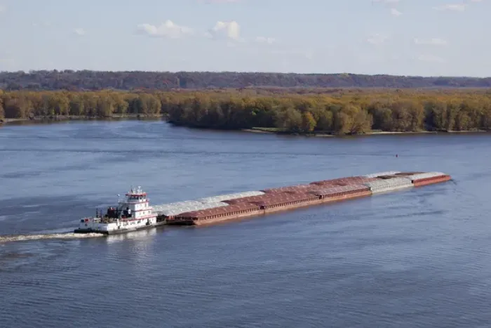 Framed Print : IA, Dubuque, Towboat and barges, on the Mississippi River