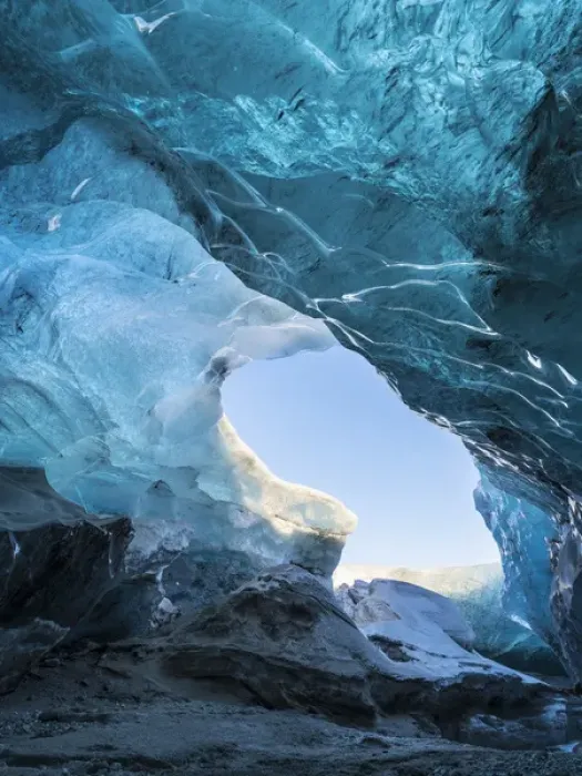 Framed Print : Ice cave in the glacier Breidamerkurjoekull in Vatnajoekull National Park. Entrance to the Ice Cave