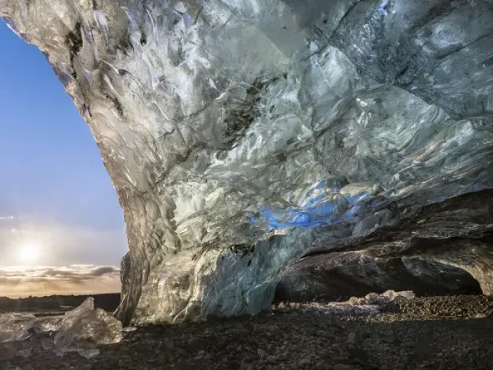 Framed Print : Ice cave in the glacier Breidamerkurjoekull in Vatnajoekull National Park. Entrance to the Ice Cave