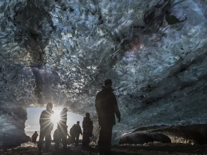 Framed Print : Ice cave in the glacier Breidamerkurjoekull in Vatnajoekull National Park. Entrance to the Ice Cave