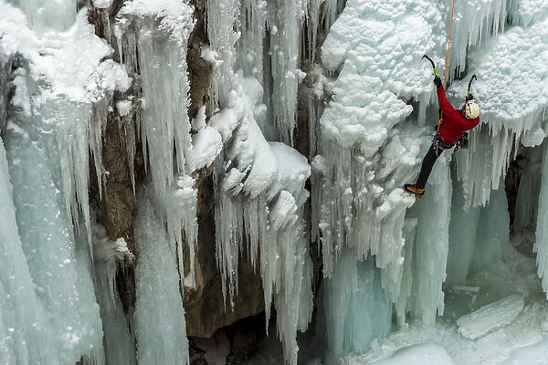 Ice climber ascending at Ouray Ice Park, Colorado