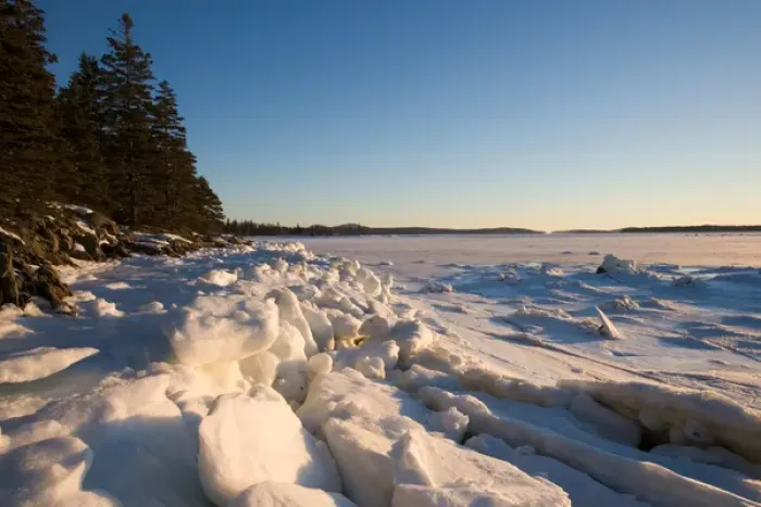Framed Print : Ice on the shore of Thompson Island in Maines Acadia National Park