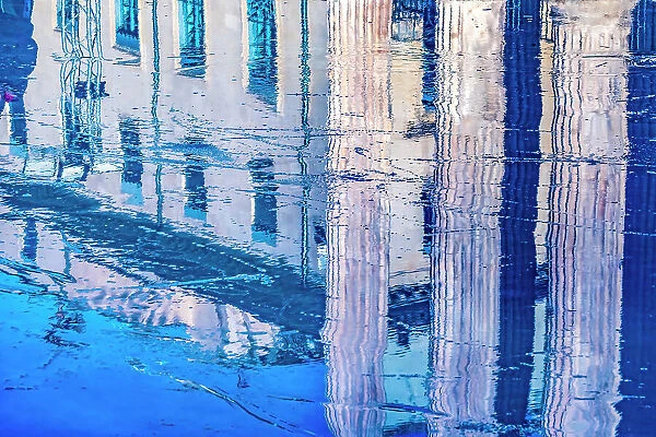 Ice skating rink reflection, Nimes, Gard, France. Oldest Roman Temple created in 7 AD
