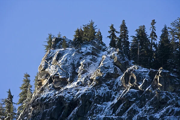 Ice and snow covered granite & pine trees at the top edge of Yosemite valley - Yosemite
