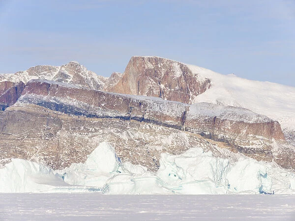 Icebergs frozen into the sea ice of the Uummannaq fjord system during winter