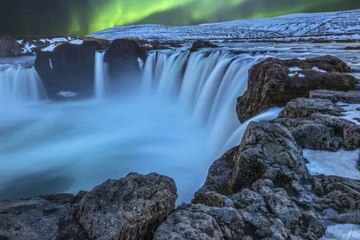 Framed Print : Iceland. Aurora borealis and the Godafoss Waterfall