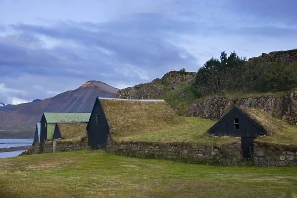 Iceland, Borgarnes. Sod-roofed sheds