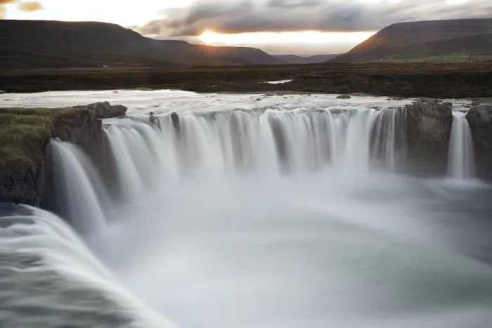 Framed Print : Iceland, Godafoss waterfall. The waterfall stretches over 30 meters with multiple small Framed Print : Iceland, Godafoss waterfall. The waterfall stretches over 30 meters with multiple small