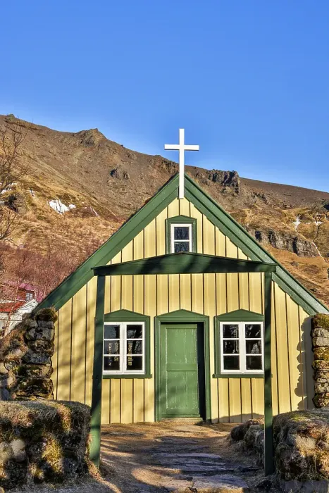 Framed Print : Iceland, Hofskirkja, the last turf church built in the old style. (Editorial Use Only) Framed Print : Iceland, Hofskirkja, the last turf church built in the old style. (Editorial Use Only)
