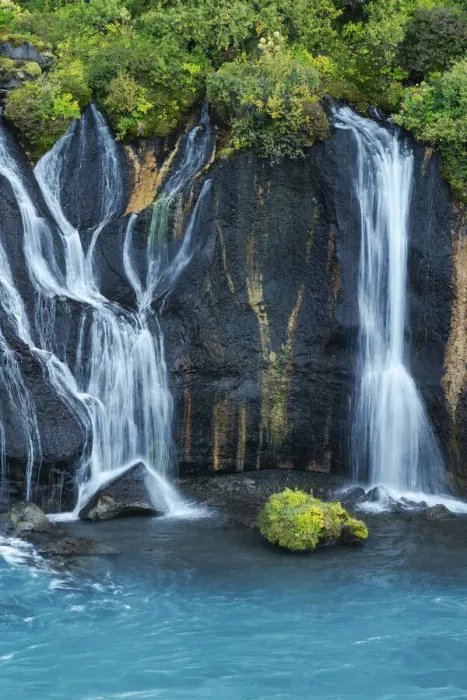 Framed Print : Iceland, Hraunfossar. Tiny cascades emerge from the lava to flow into the Hvita River