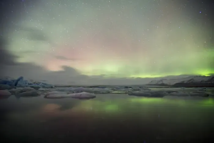 Framed Print : Iceland, Jokulsarlon. Aurora lights reflect in lagoon