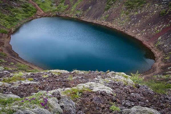 Iceland, Kerid, Deep blue lake contained in the Kerid crater. Icelands Golden Circle
