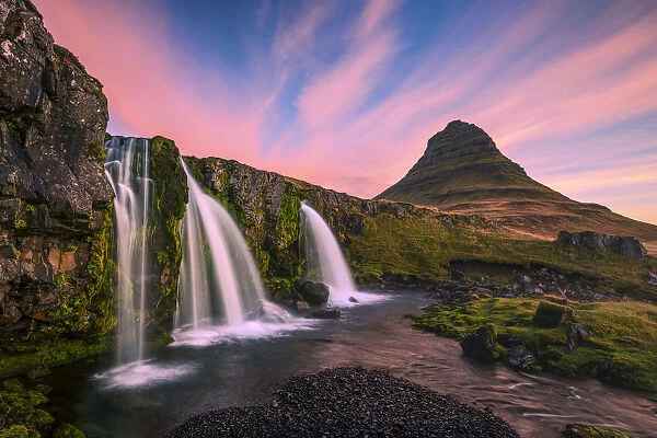Iceland, Kirkjufellsfoss. Waterfall at sunrise