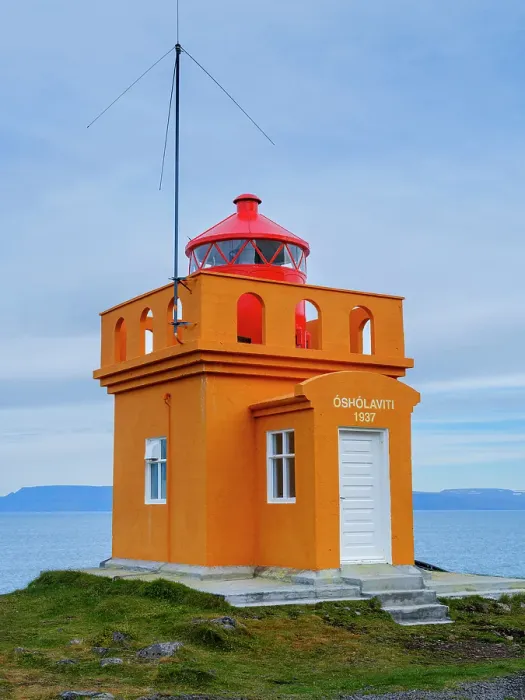 Framed Print : Iceland. Lighthouse Osholar, Bolungarvik at fjord Isafjardardjup during autumn. (Editorial Use Only)