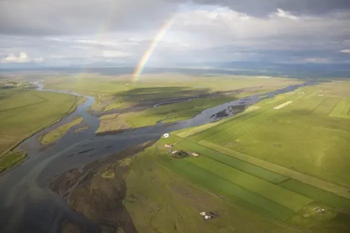 Framed Print : Iceland, Reykjavik. Aerial of a double rainbow over the Holsa and another river. Credit as Framed Print : Iceland, Reykjavik. Aerial of a double rainbow over the Holsa and another river. Credit as