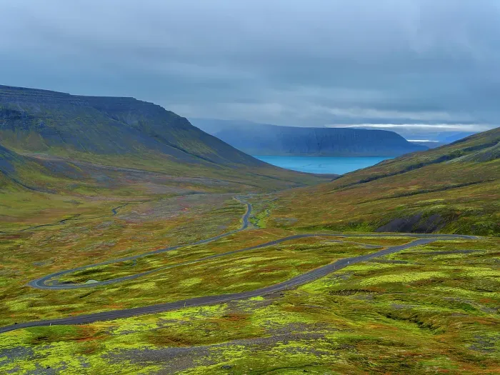 Framed Print : Iceland. Road over Hrafnseyrarheidi near Thingeyri during autumn