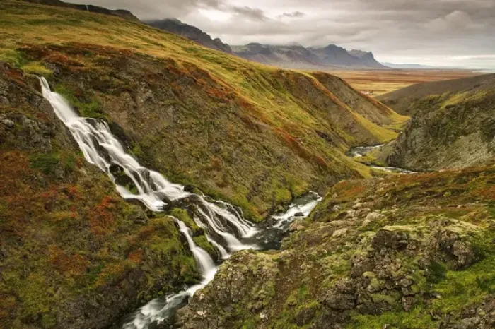 Framed Print : Iceland, Snaefellsnes Peninsula. Small waterfall and fall colors on landscape. Credit as Framed Print : Iceland, Snaefellsnes Peninsula. Small waterfall and fall colors on landscape. Credit as
