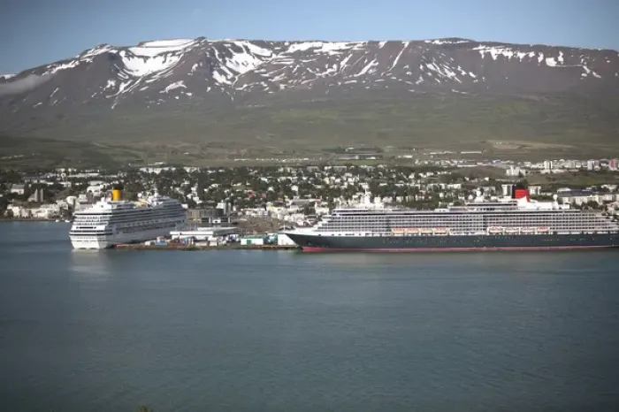 Framed Print : ICELAND20750_JUL2009_BARTRUFF. CR2-Two ocean liners in port at the same time during Framed Print : ICELAND20750_JUL2009_BARTRUFF. CR2-Two ocean liners in port at the same time during