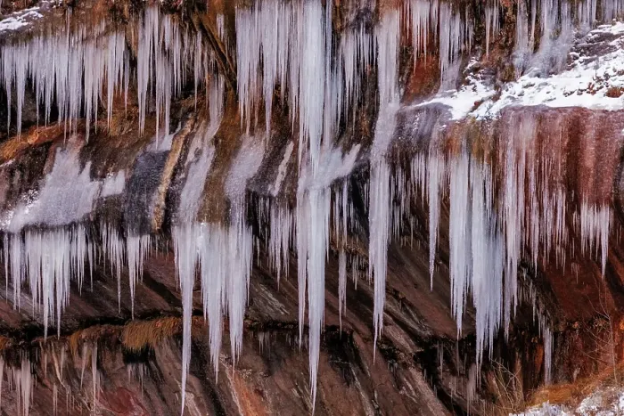 Framed Print : Icicles hang on red rock in Zion National Park, Utah, USA
