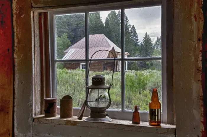 Framed Print : ID, Custer, (1880s gold mining town) Miners Cabin, window view Framed Print : ID, Custer, (1880s gold mining town) Miners Cabin, window view