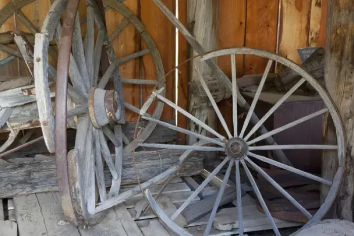 Framed Print : ID, Custer, (1880s gold mining town) Wagon wheels