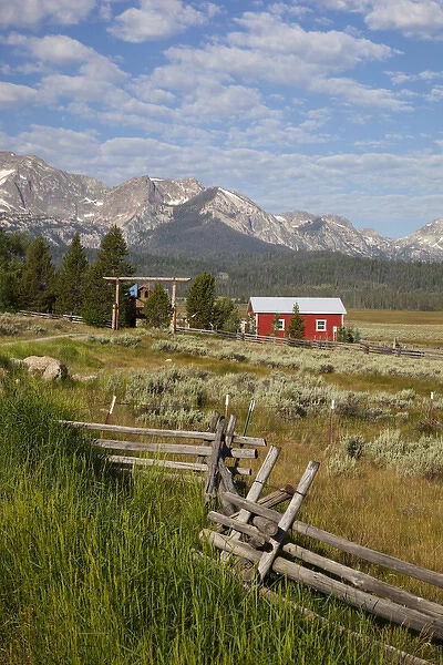 ID, Sawtooth National Recreation Area, Stanley, Red barn and Sawtooth Mountains