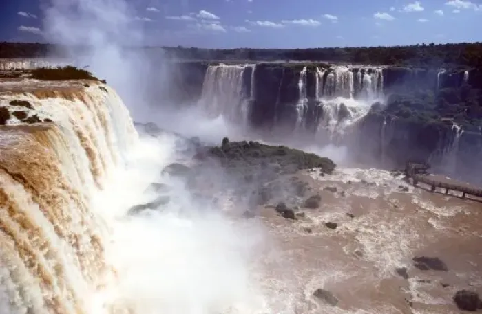 Framed Print : Iguassu, Brazil. The Iguassu falls from above with mist rising