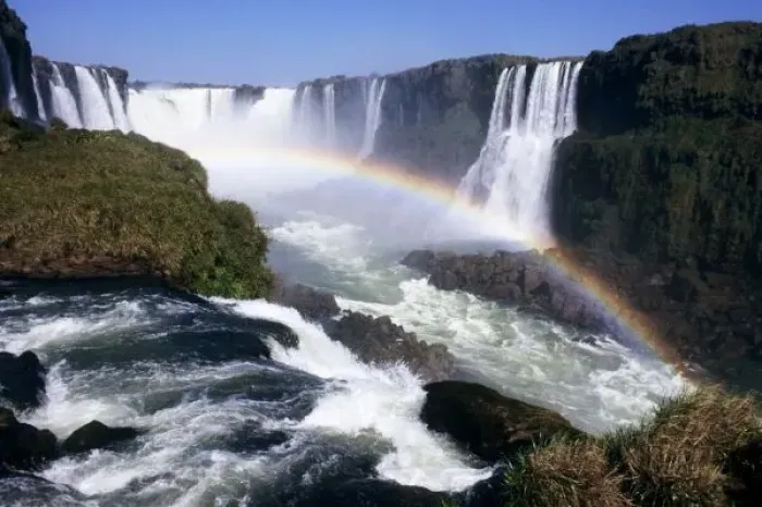Framed Print : Iguassu Falls, Parana State, Brazil. Aerial view of the waterfalls with a rainbow over them Framed Print : Iguassu Falls, Parana State, Brazil. Aerial view of the waterfalls with a rainbow over them