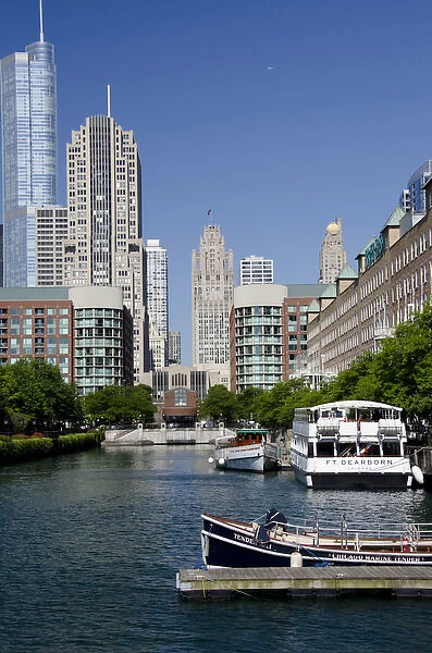 Illinois, Chicago. Canal view of the Chicagos Magnificent Mile city skyline