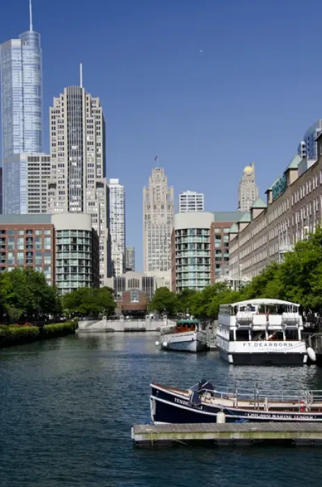 Framed Print : Illinois, Chicago. Canal view of the Chicagos Magnificent Mile city skyline