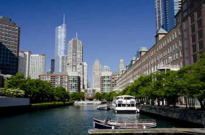 Framed Print : Illinois, Chicago. Canal view of the Chicagos Magnificent Mile city skyline