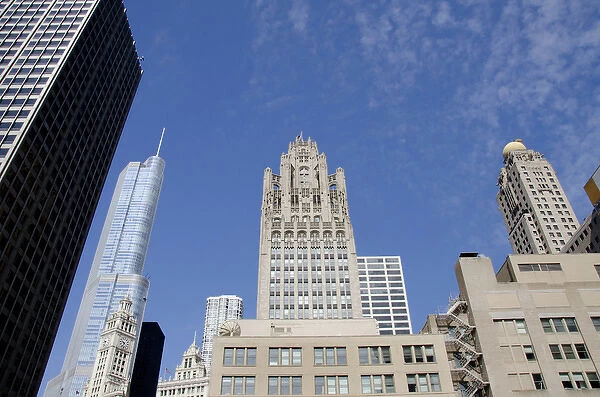 Illinois, Chicago. Chicago city skyline with landmark neo-Gothic Tribune Tower building