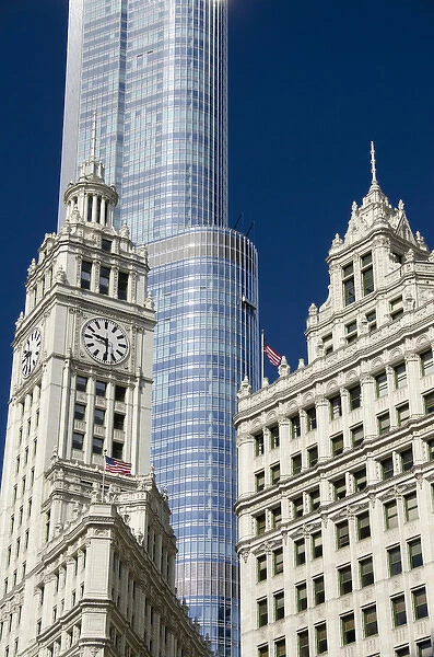 Illinois, Chicago. Historic Wrigley Building clock tower, c