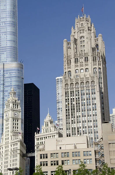 Illinois, Chicago. Magnificent Miler city skyline with landmark neo-Gothic Tribune