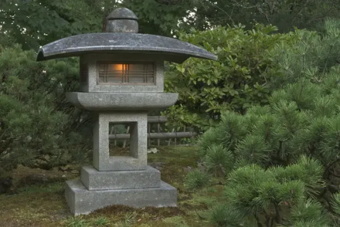 Framed Print : Illuminated stone lantern in Portland Japanese Garden