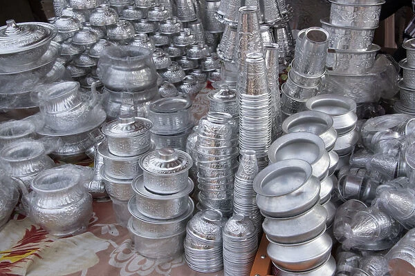 India, Delhi, Old Delhi. Aluminum vendor, detail of goods for sale