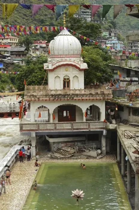 Framed Print : India, Himachal Pradesh, Manikaran, Sri Guru Nanak Ji Gurdwara shrine along the Parvati river Framed Print : India, Himachal Pradesh, Manikaran, Sri Guru Nanak Ji Gurdwara shrine along the Parvati river