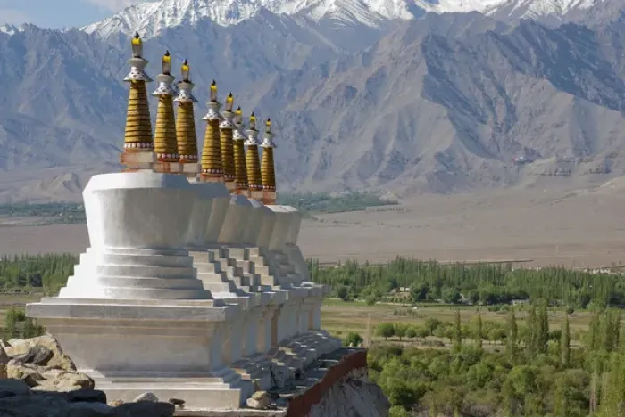 Framed Print : India, Jammu & Kashmir, Ladakh, white chortons with gold spires overlooking a valley