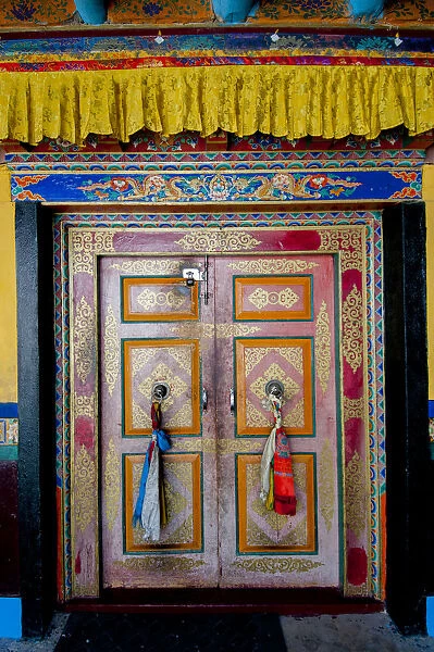 India, Jammu & Kashmir, Ladakh, a brightly painted and decorated door at Shey Palace