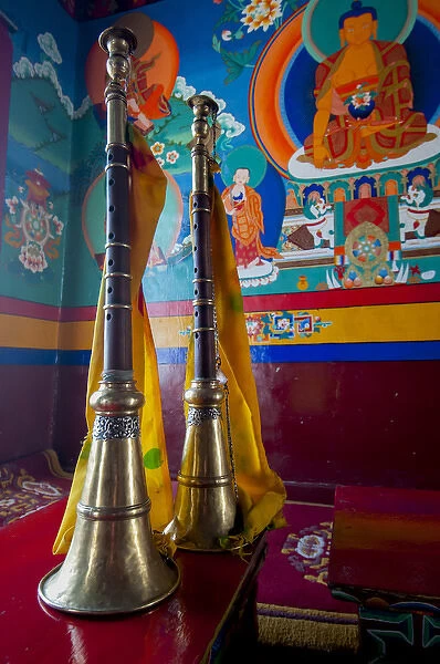 India, Jammu & Kashmir, Ladakh, two ceremonial horns in front of a painted wall with